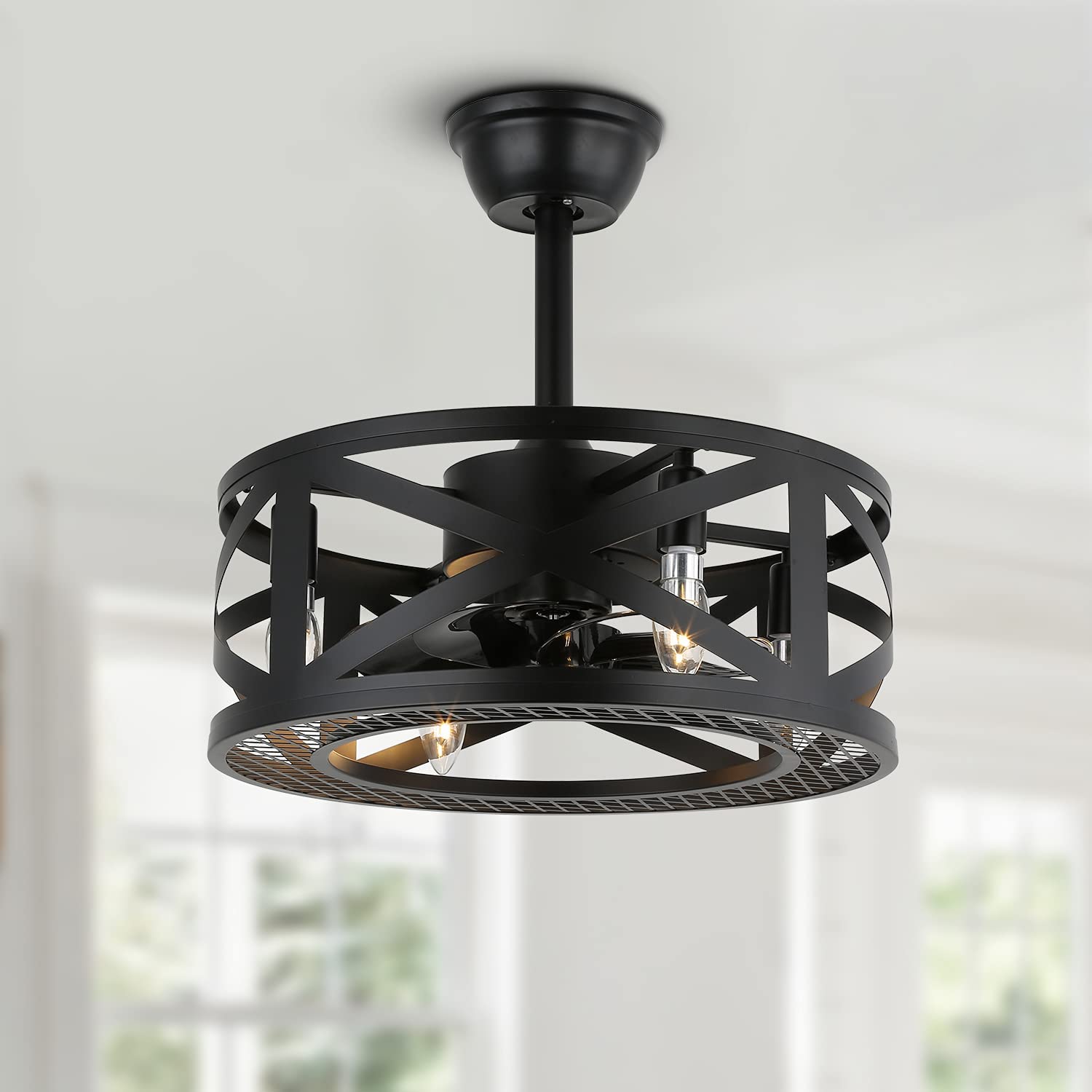 Photo 1 of 18'' Modern Industrial Caged Ceiling Fan with Lights Remote Control,Black Fandelier Bladeless Ceiling Fan with Lights,Small Enclosed Low Profile Fan for Bedroom,Kitchen,6 Speed,Timing