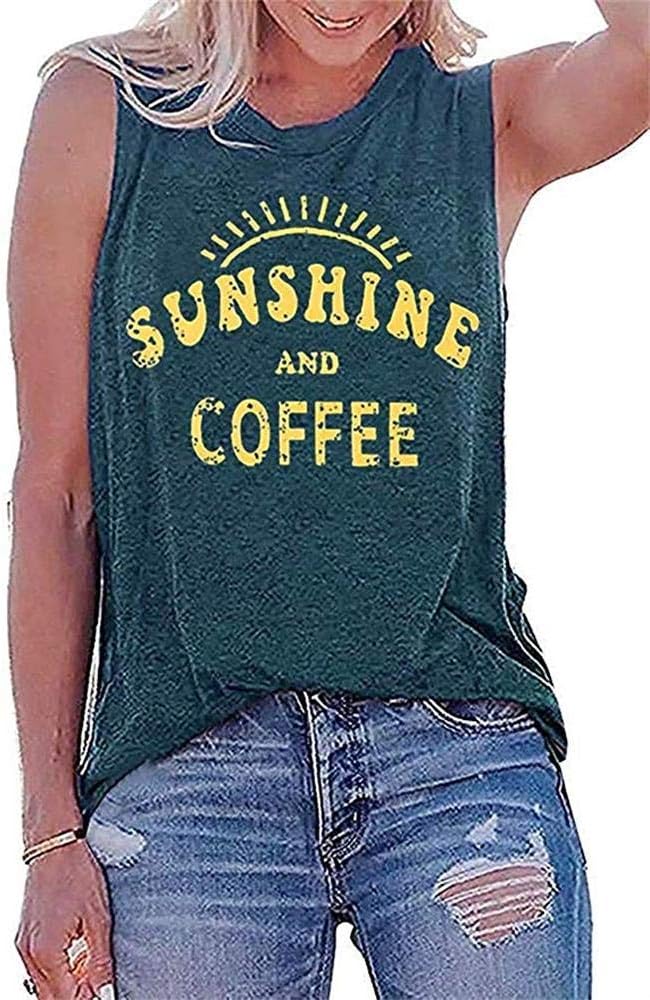 Sunshine and Coffee Tank Tops Women Letters Print Funny Sayings Casual Sleeveless Summer Vest Shirt