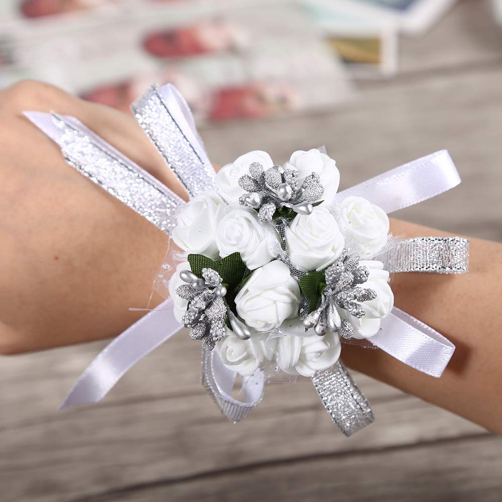 Sugoyi Wrist Flower 1PCS Hand Flower Bridal Wrist Flower Hand Ribbon Beautiful for(White flower silver beads)