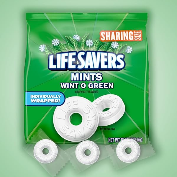 LIFE SAVERS WINT-O-GREEN FLAVOR BREATH MINTS HARD CANDY, SHARING SIZE, LIFE SAVERS HARD CANDY, 13 OZ BAG