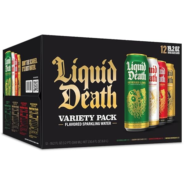 LIQUID DEATH SODA-FLAVORED SPARKLING WATER VARIETY 12-PACK (19.2OZ CANS) (SEVERED LIME, MANGO CHAINSAW, CONVICTED MELON, CHERRY OBITUARY)