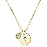 Birth Flower Necklaces for Women, 18K Gold Plated Dainty Birthstone Pendant Necklaces Handmade Birth Month Flower Jewelry Disc Coin Birthday Gifts for Women Girls Teens