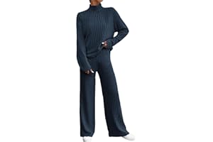 VUTRU Women's 2 Piece Outfits Ribbed Knit Sweater Sets High Neck Pullover Top Wide Leg Pants Tracksuit Lounge Sets