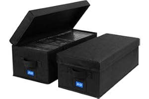 BOATISLE DVD Storage Box with Handles and Lid – DVD Case Holder Organizer with External Label Slots, Stackable DVD Storage Case for Dust-Free and Space-Saving Media Storage，2Pack-Black