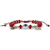 Handcrafted Adjustable Red Crystal Bracelet with Ceramic Evil Eye St. Benedict Medal and Hamsa Hand Charms
