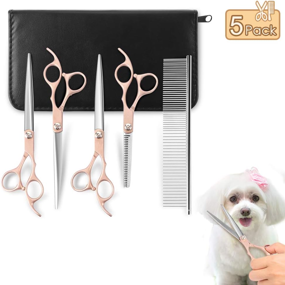 Dog Grooming Scissors, Stainless Steel Pet Grooming Scissors Set Safety Round Tip Thinning Straight Curved Shears with Grooming Comb for Long or Short Hair Small or Large Dogs Cats