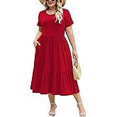 Younrui Women's Plus Size Midi Casual Dress with Pockets 1X-4X Tiered Short Sleeve Relax Fit Crewneck Summer Dresses