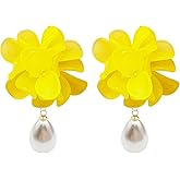 Vavhoo Flower Pearl Earrings Floral Tassel Statement Flower Dangle Earrings for Women