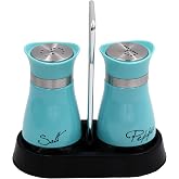 Stainless Steel and Glass Salt and Pepper Shaker Sets | 2 PCS -with Holder (BLUE)