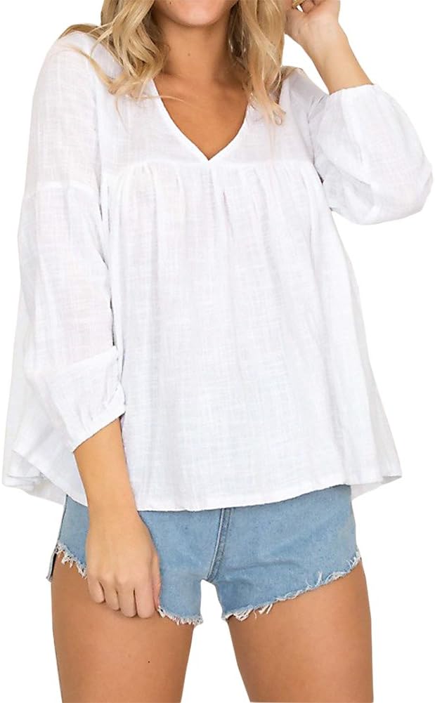 AmySister Women's V Neck Gauze Flare Babydoll Top Blouse White