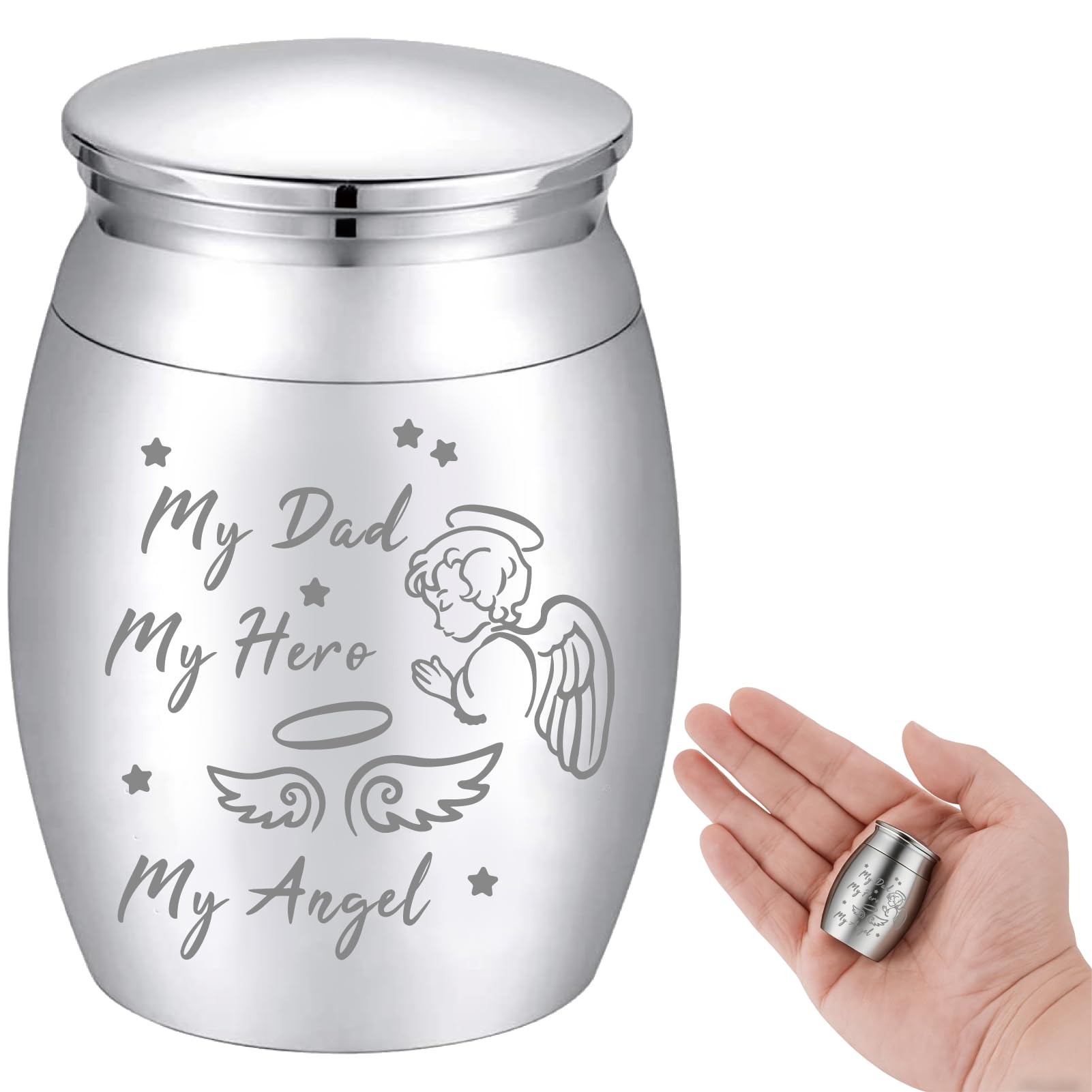 CREATCABIN Mini Cremation Urn Small Keepsake Urns Ashes Alloy Kit My Dad Hero Angel Metal Sharing Urn Memorials Miniatur Container Remains for Female Male Human Pets Angel & Fairy 1.6x1.2 Inch(Silver)