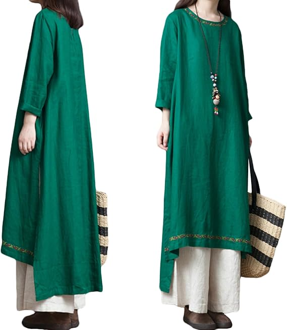 Amazon アイノウ Ainor ドレス ワンピース 刺繍 チュニック レディース 大きいサイズ マキシワンピース リネン 長袖 秋冬 ロング ワンピース 体型カバー Aライン ゆったり カジュアル 着痩せ 代 30代 40代 50代 緑 紫 赤 ワンピース チュニック 通販