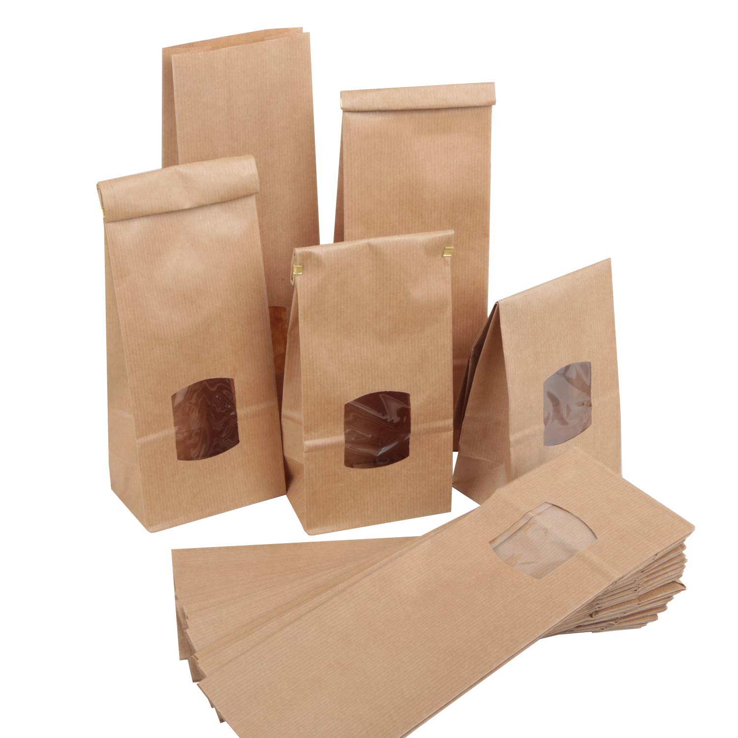 Pack of 50 Small 1 A 10.5 x 6.5 x 29 cm Block Bottom Bags with Window + insert sheets Brown Kraft Paper Bags for Pastries Christmas Cookies Chocolate Sweets Christmas Bags