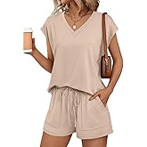 AUTOMET Women 2 Piece V Neck Matching Lounge Sets Clothing Spring Cap Sleeve Shirt and Shorts 2026 Summer Airport Outfit