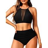 EHSUYAB Womens Two Piece Modest High Waisted Bikini Set | High Neck Bathing Suit Tummy Control, Ruched Full Coverage Modest Swimsuit, For Pool Party Beach Outfits