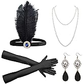 iHUFeather Women 1920s Flapper Set with Headband Beaded Necklaces Earrings Gloves for Vintage Wedding Costume Accessories