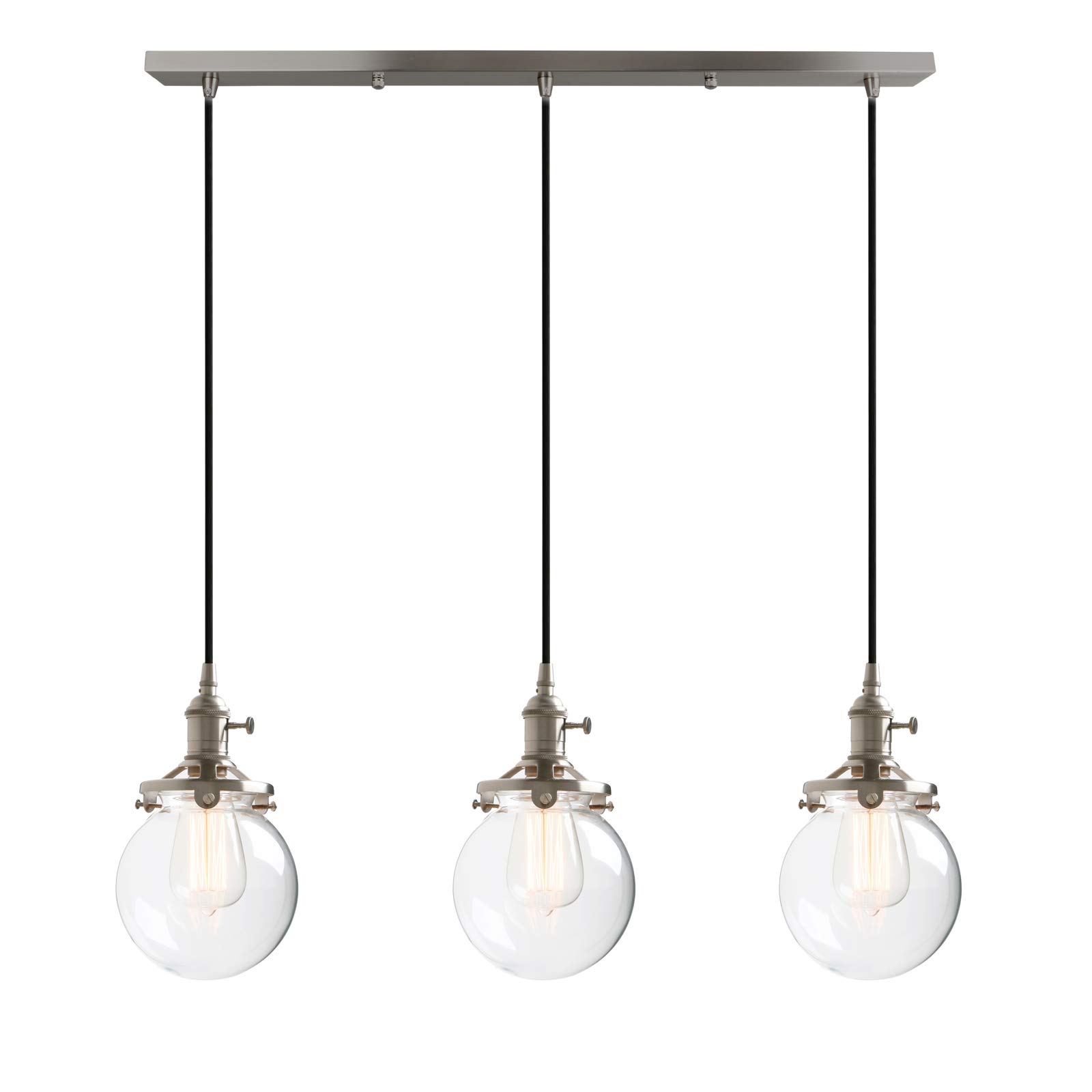 Phansthy Vintage Pendant Light with Switch, Adjustable Cord Wire Hanging Lamp Cluster Chandelier with Globe Clear Glass Shade, Indoor Modern Ceiling Light Fixtures for Kitchen Living Room (Brushed)