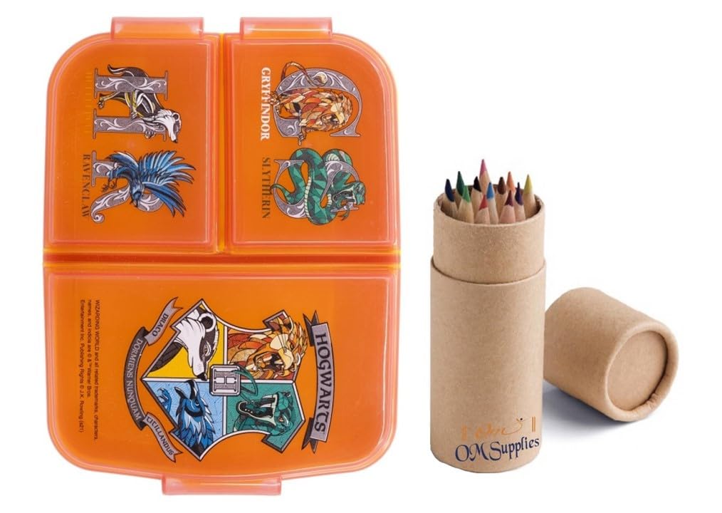 OM SUPPLIES Harry Potter Reusable Sandwich Lunch Box 3 Multi Compartment Kids Children School Includes Half Size 12pcs Pencil Set (Harry)