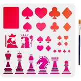 MAYJOYDIY Playing Cards Chess Stencils 11.8×11.8inch Hearts Clubs Diamonds Spades Stencil with Paint Brush International Chess Pieces Card Suits Drawing Stencil for Art Craft on Wall Furniture Wood
