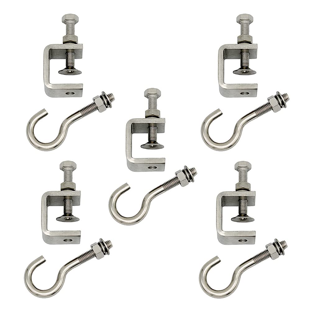 5 Pack Stainless Steel Hose Clamps C-Clamps Square Screw Clamps Comes with Stainless Steel Hooks That can Withstand 100 lbs of Static Gravity