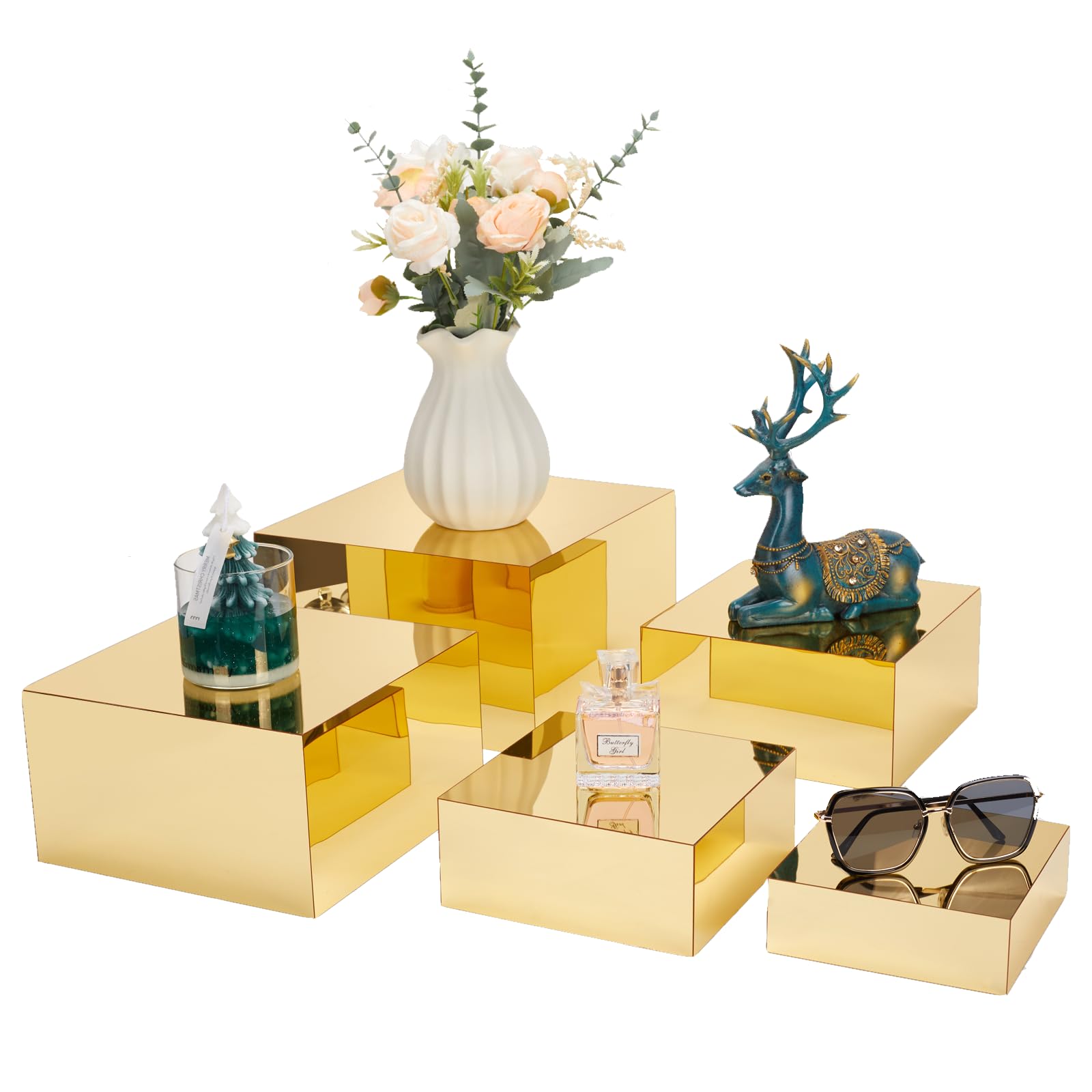 Photo 1 of Jolboldy Acrylic Risers for Display 5 Pcs, Food Risers for Party Gold Cube Boxes Display Stands for Jewelry Bag Cosmetics Catering Dessert Collectibles