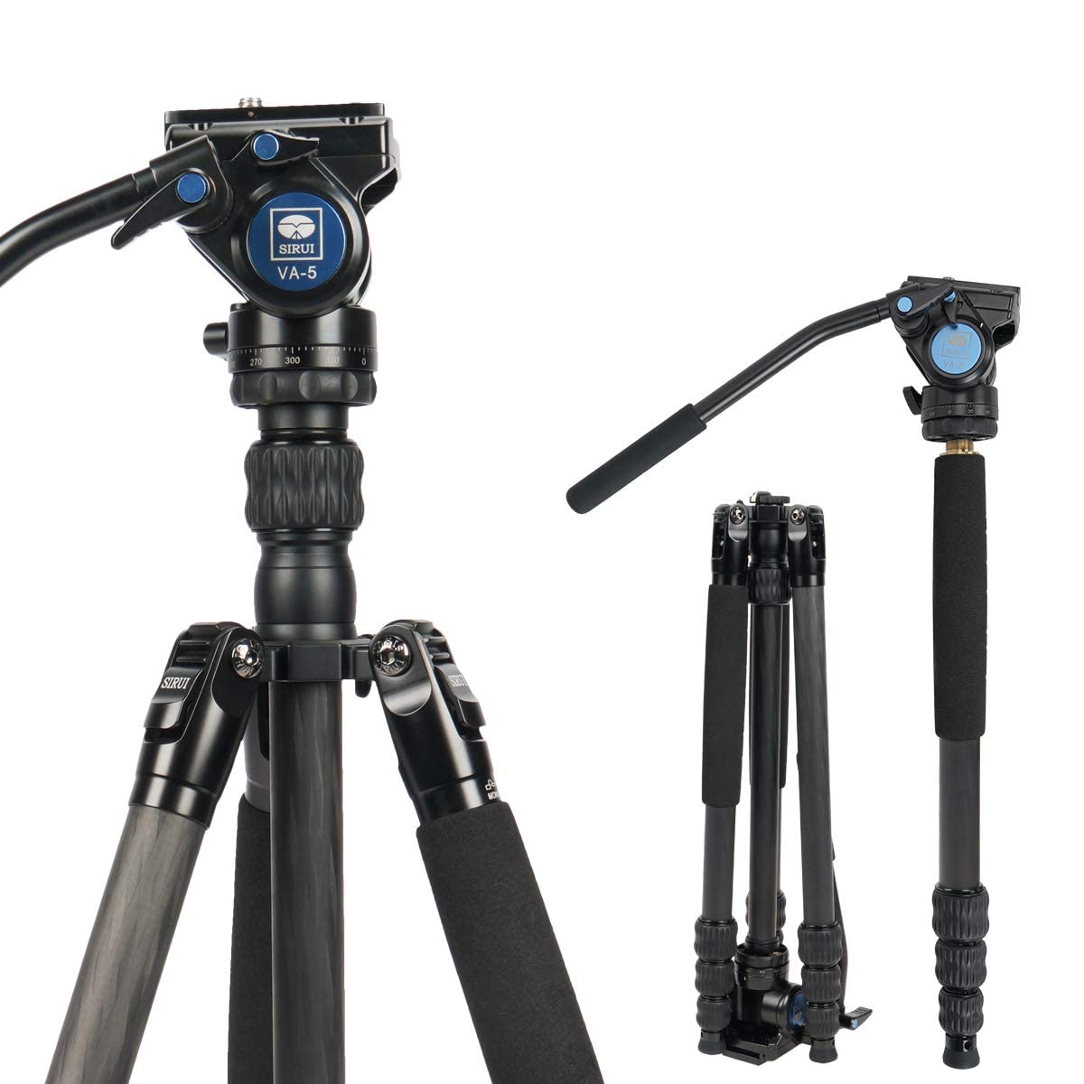 Sirui 2-in-1 Traveler Series Carbon Fiber Video Tripod with VA-5 Fluid Head for Cameras, Monopod Conversion, 30.9lbs Load Capacity, 62.6Inch, 360°Panning Base, 1/4" and 3/8" Screws (Carbon Fiber VC)