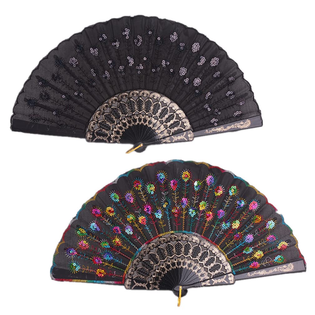 Morices 2 Pcs Sequin Folding Fans, Elegant Embroidered Flower Peacock Pattern Handheld Fan, Decorative Hand Fans for Dancing Wedding Party Favors Gift Wall Hanging Decoration (Black + Colorful) — image 1