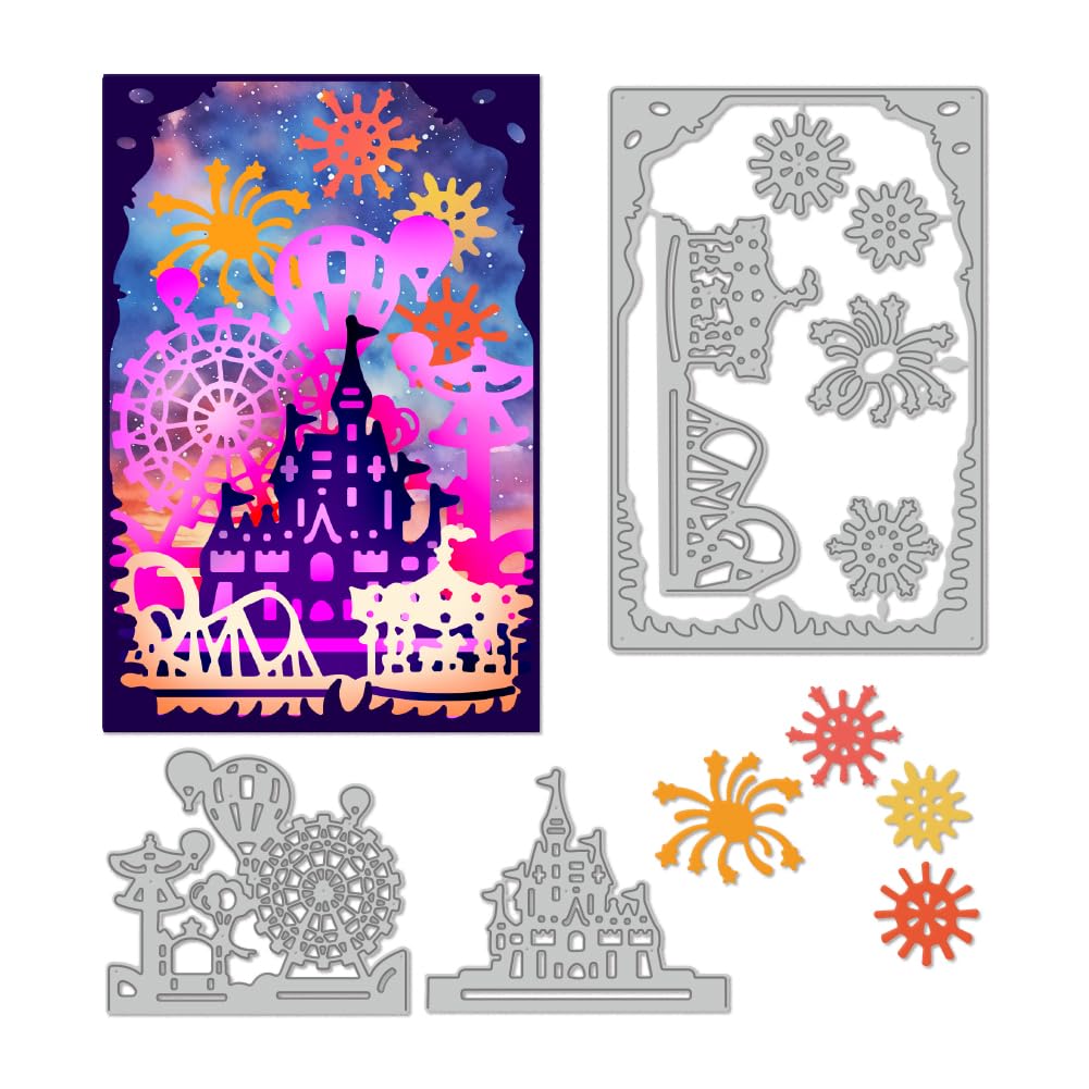 DELORIGIN Amusement Park Cutting Dies Ferris Wheel Card Making Die Cut Fireworks Carbon Steel Die Cuts Stencils Card Scrapbooking Embossing Template for DIY Paper Craft Making Album Gift Decor
