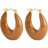 WARIDAR Burgundy Maroon Red Black Green Brown Enamel Minimalist 18K Gold Plated Chunky Hoop Earrings | Hypoallergenic Luxury Lightweight Versatile Hoops | Ingenious Design Appropriate Size Earrings for Ladies