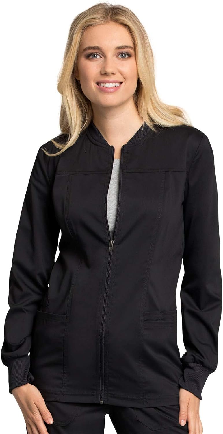 Cherokee Workwear Revolution Tech Zip Front Warm-Up Scrub Jacket, M, Black: Clothing