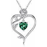 Iefil Rose Birthstone Necklace for Women, 925 Sterling Silver Natural or Created Gemstone Birthstone Necklace Anniversary Valentines Gifts for Her Mothers Day Birthday Christmas Gifts for Women Jewelry