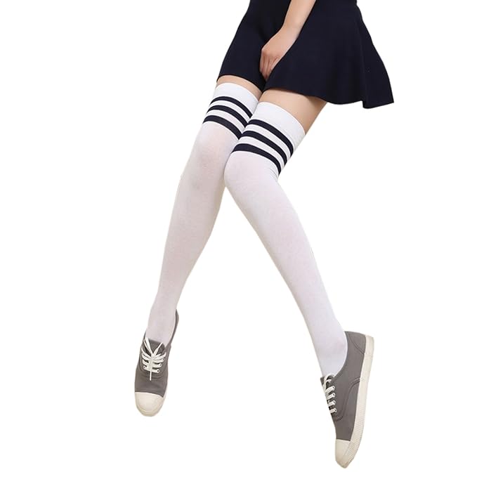 EZSTAX Damen Winter Warme Überknie Strümpfe Baumwollstrümpfe Retro Lange Socken Overknee Sportsocken mit drei Streifen