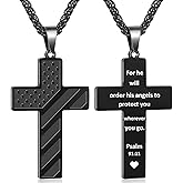 Cross Necklace for Men, Bible Verse American Flag Pendant Gifts for Birthday Christmas, First Communion Baptism Christian Religious Gifts