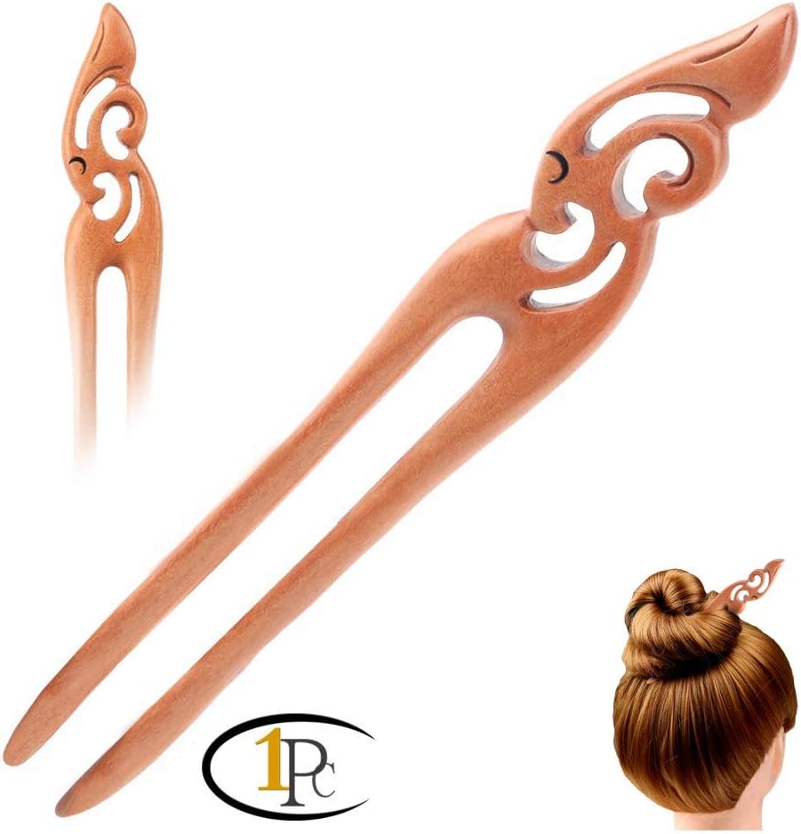FINGER LOVE Handmade Carved 2-Prong Wooden Hairpin vintage Chopsticks Chinese Decorative Accessory Hair Stick: Double 03 Peachwood
