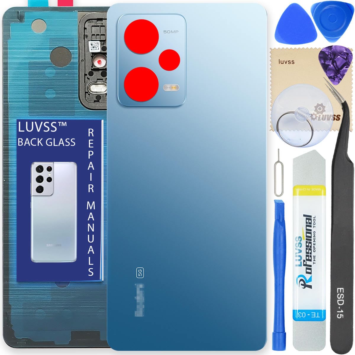 LUVSS Back Glass Cover Replacement Compitable for Xiaomi Redmi Note 12 Pro 5G Rear Cover + Repair Manual DIY Tools Kit (Blue)