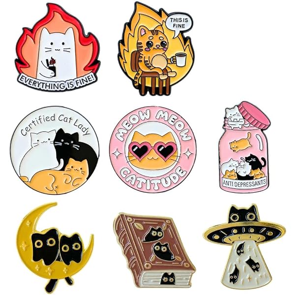 6 Broches Esmaltados De Gato Negro Con Llamas - Divertidos Y Coloridos, Para Mochilas Y Ropa