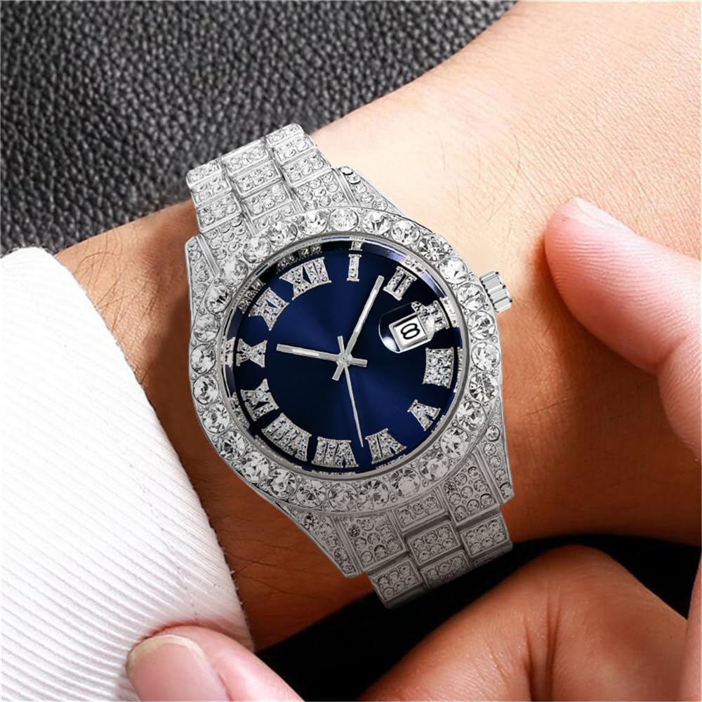 HUNRUY Hip Hop Watches for Men Iced-Out Bling Diamond Luxury Quartz Watches with Date