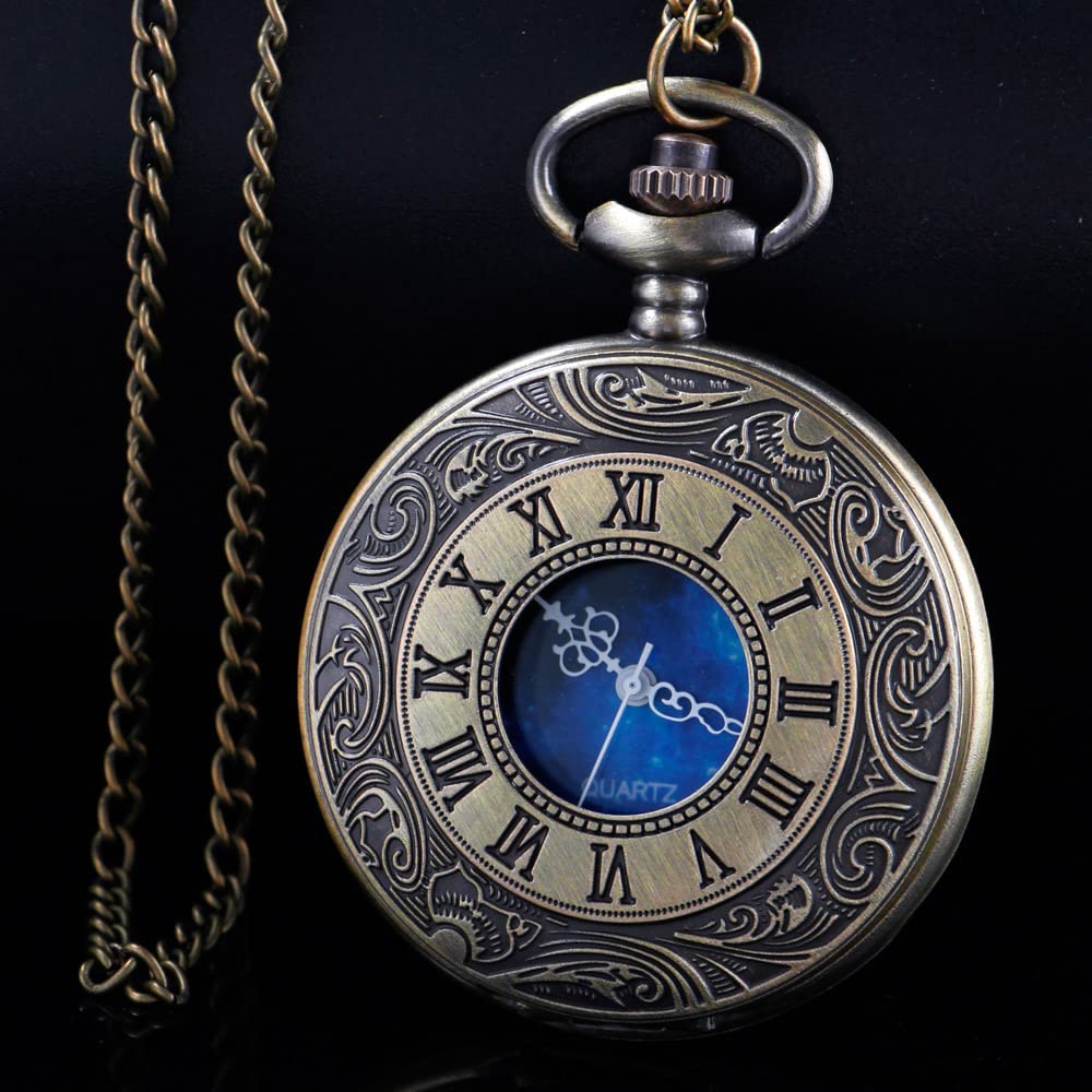 Tiong Pocket Watch Hollow Blue Star Design Roman Numerals Quartz with Chain Christmas Birthday Gifts