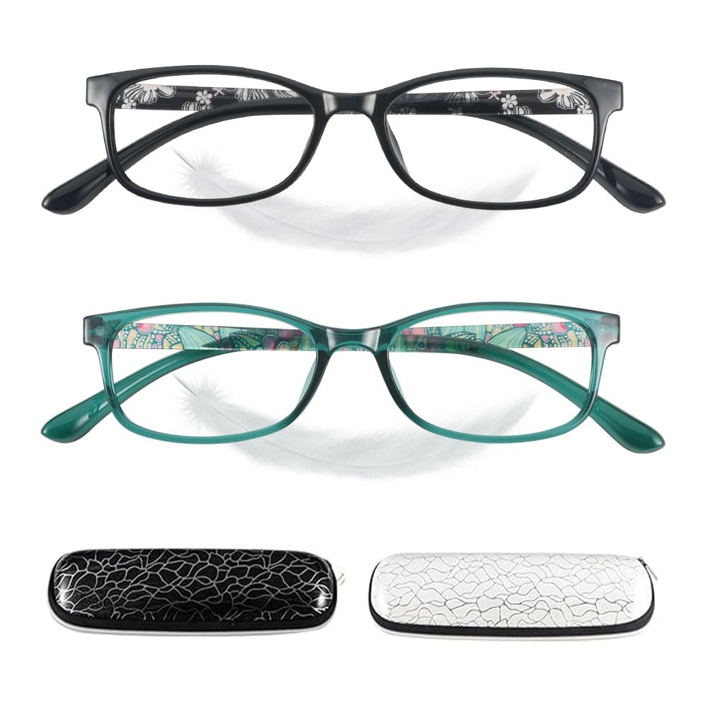 JiSoo Reading Glasses Women 1.5 - Small Ladies Reading Glasses, Flexible Lightweight Cute Womens Readers 2Pack,Green+Black
