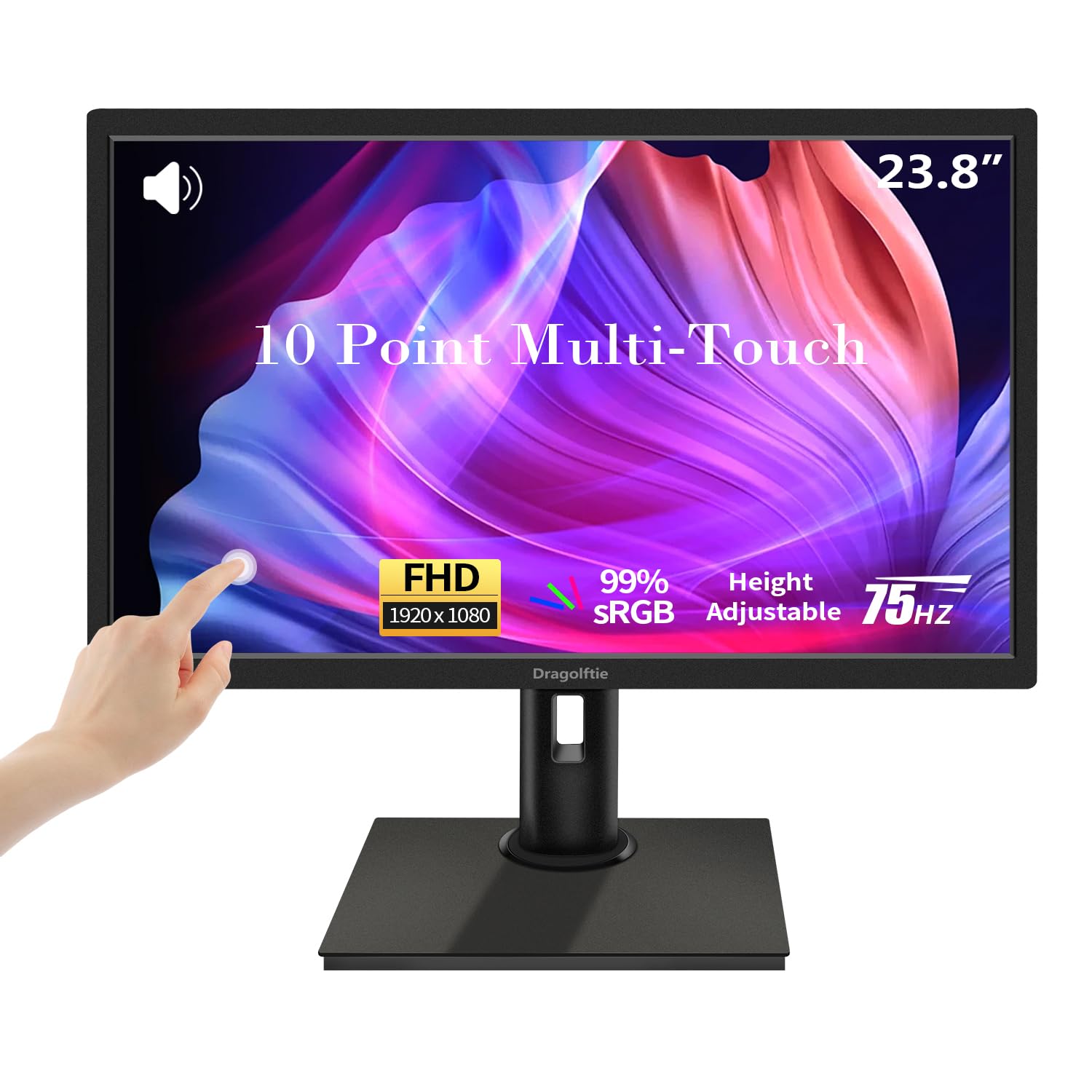 Photo 1 of 23.8 Inch Touchscreen Monitor FHD 1920x1080P, Height/Pivot/Swivel/Tilt Adjustable Desktop PC Touch Display with Built-in Speakers, HDMI, VGA, Type-B, 75Hz Computer Touch Screen Monitor, VESA, Black
