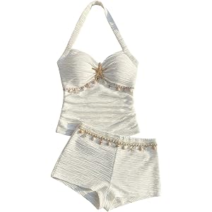 GORGLITTER Girl's Summer Outfits Cute Metal Starfish Shell Halter Top and Mini Shorts Set Textured Beach Vacation Clothes