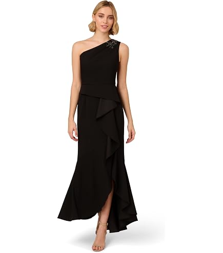 Calvin Klein One-Shoulder Ruched Beaded Gown, Buff/Silver 2, 4