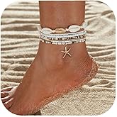Red Yun En Gold Starfish Anklets for Women Seashell Ankle Bracelet Boho Stack Stretch Beaded Anklet Set Summer Beach Jewelry