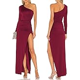 Aigeman Womens One Shoulder Long Sleeve Maxi Dress Bodycon Ruched Split Thigh Formal Dress 218