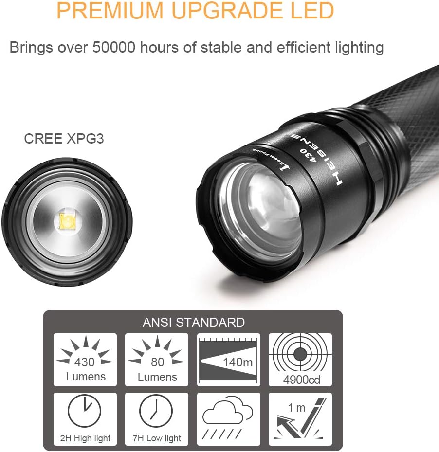 Heisens High Power Durable LED Flashlight 430 Lumens IPX4 Water Resistant 3 Modes Zoomable Best Camping Outdoor Emergency Everyday Flashlights - - 