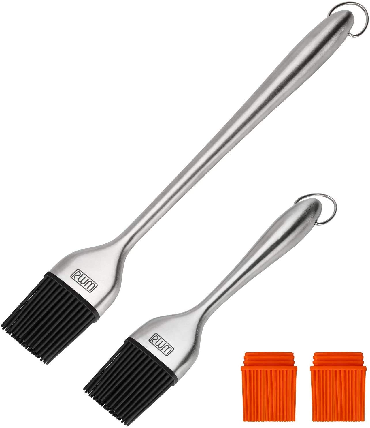 Rwm Grill Brush BBQ Baking Pastry Oil Stainless Steel Brush with Replacement Silicone Brush Heads (Orange) for Kitchen Cooking Marinating Dishwasher Safe