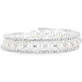Imitation Pearl Stretchy Bracelet, White Multilayer Rhinestone Bangle Elastic Cuff Bracelet Stackable Dainty Wedding Jewelry for Women Brides Party Proms