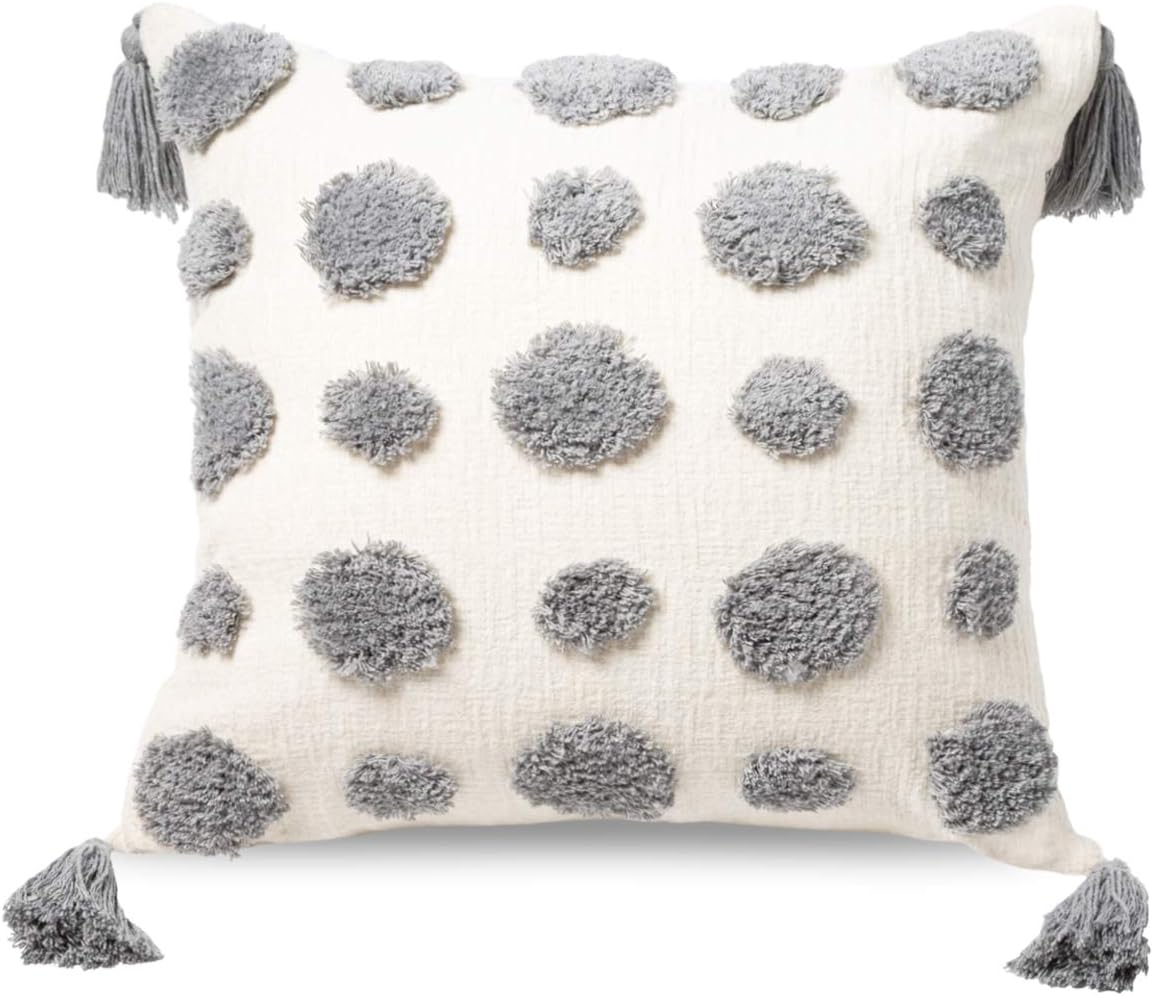 PLWORLD Boho Throw Pillow Cover 18x18 Inch, Pom Pom Tufted and Cotton Tassels Decorative Thick Soft Cream Chenille Textured Cute Cushion Case for Couch Bed Chair Living Room, Deep Gray 1 PC