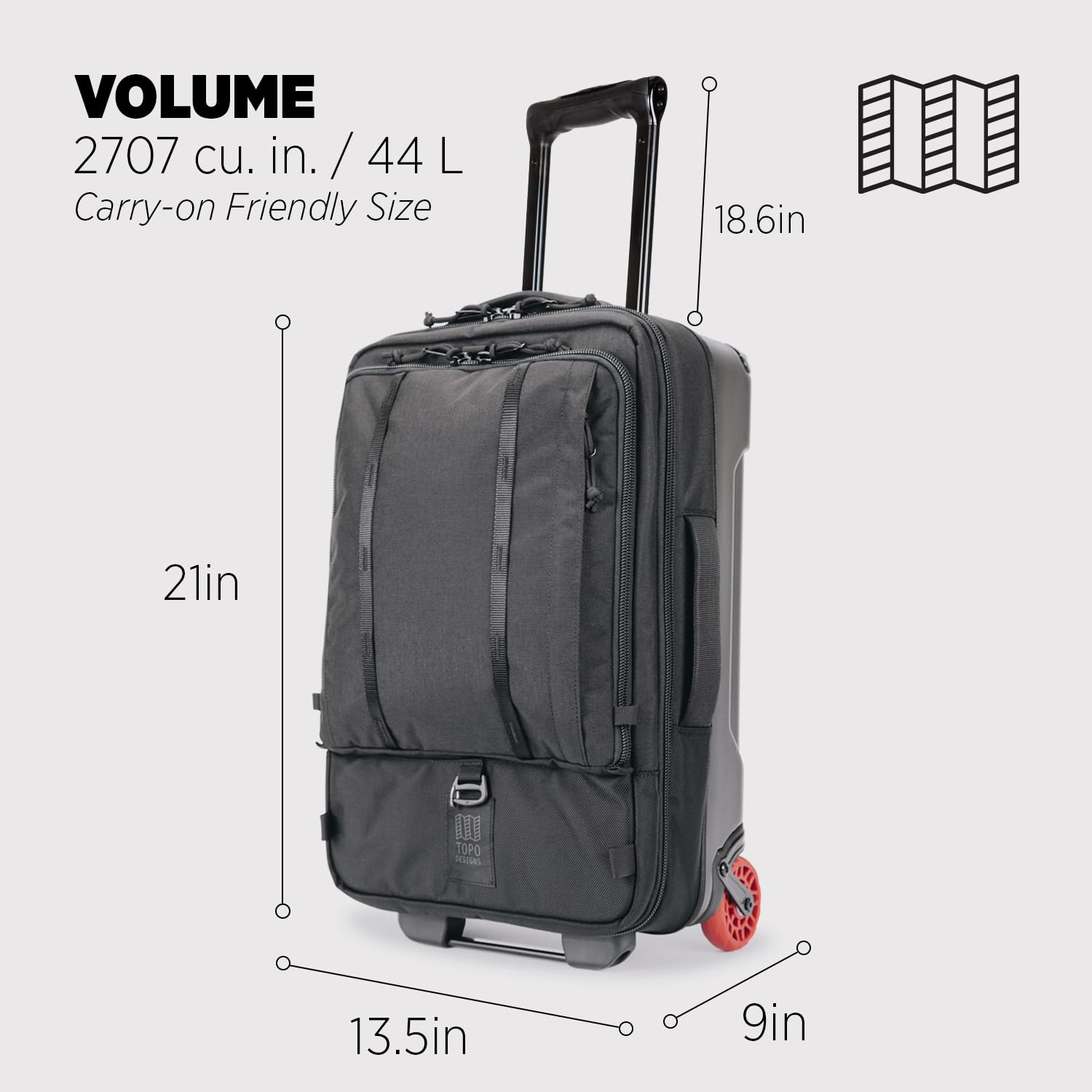 Topo Designs Global Travel Roller Bag Suitcase, Carry-On Friendly, 3 Carry Options, Smooth Heavy Duty Wheels, Telescoping Handle (Black)