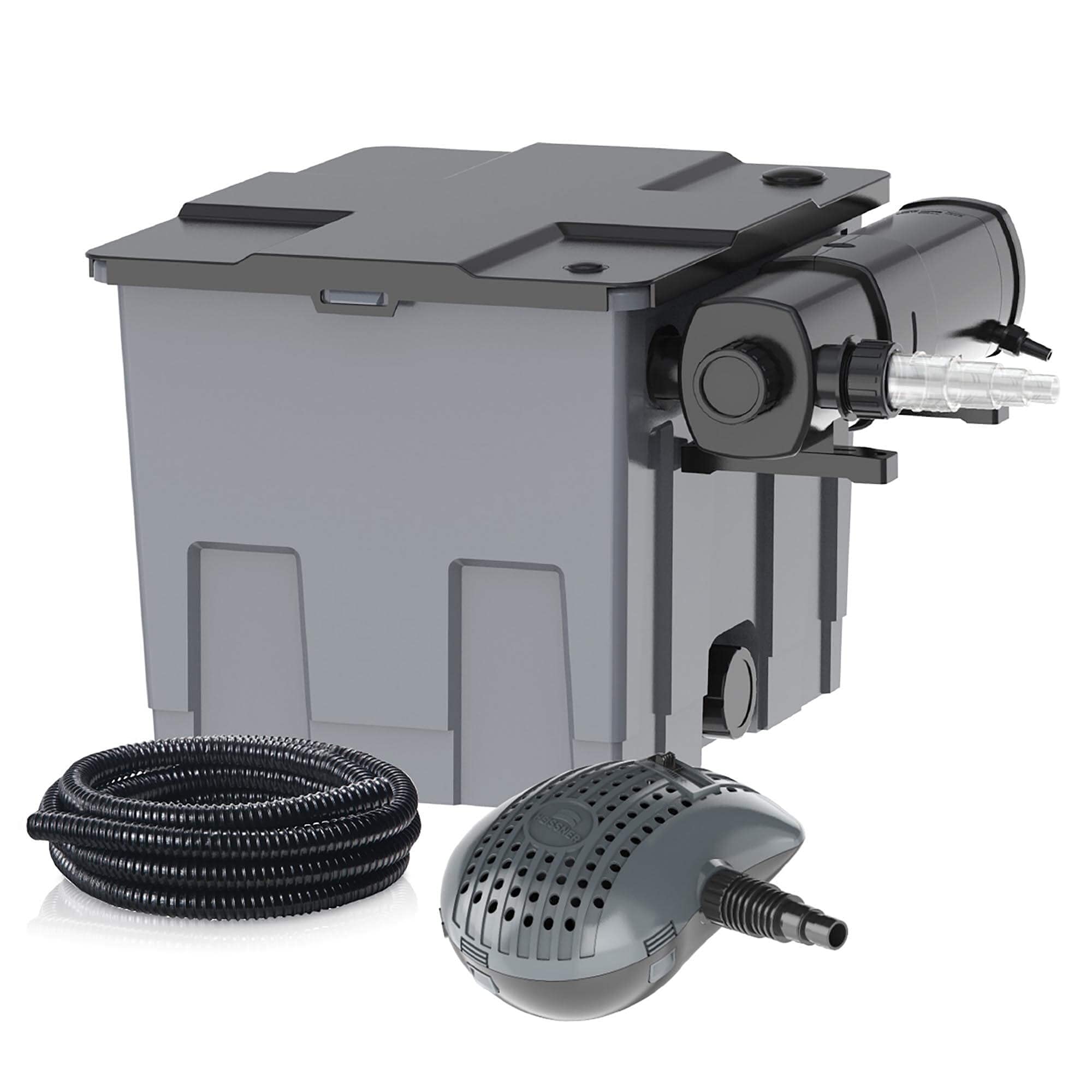Heissner Gravity Filter Set ECO complete with Pump, Filter Media and UVC Clarifier. Ponds up to 16000L - Grey/Black